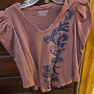 Chico's Graphic Pink Blouse with Puff Sleeves